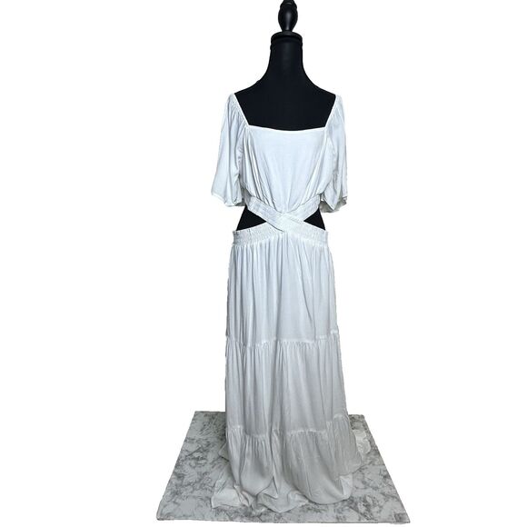 White Boho Maxi Dress XL Flutter Sleeve Pockets Cutout Waist Tiered Cottagecore - Picture 1 of 15